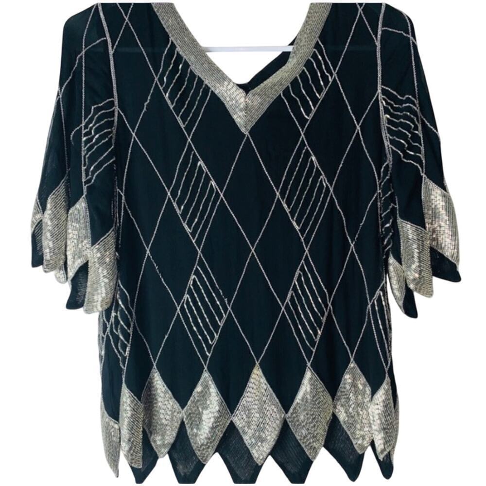 Judy’s Beaded Silk Harlequin Top Medium – New with Tags – 70s Disco Party Blouse